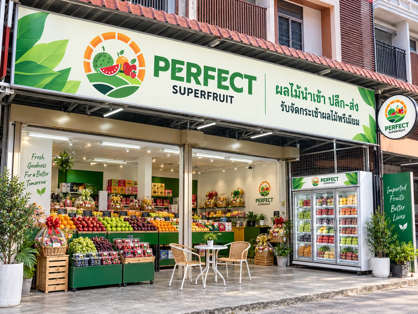 หน้าร้าน Perfect Superfruit Perfect Superfruit มีผลไม้นำเข้าและกระเช้าผลไม้พรีเมี่ยมวางจำหน่ายหน้าร้าน